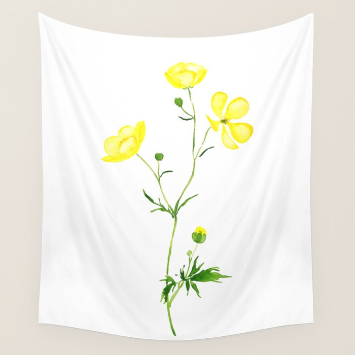yellow buttercup flower watercolor Wall Tapestry Gallery Image 4