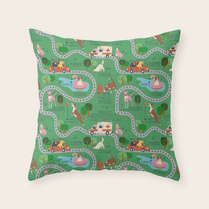 Fursics Cute Dog Park Physics Learning Pattern by Carrie Cantwell Educational STEM Playmat Design Throw Pillow Gallery Image 1