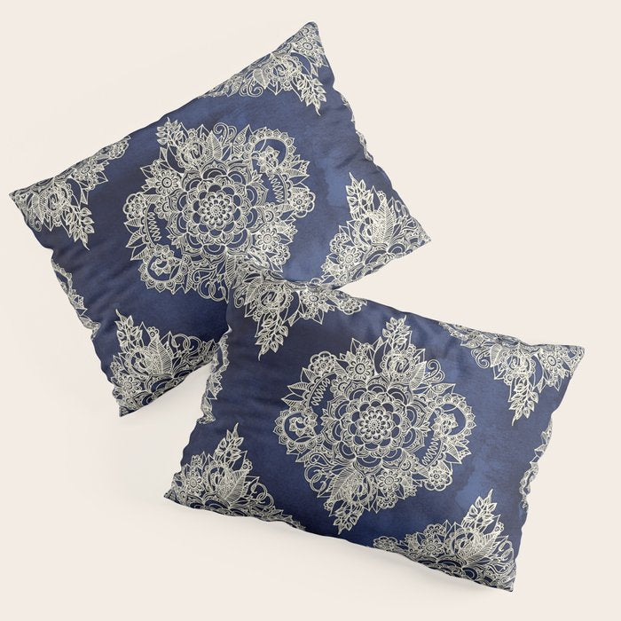 Cream Floral Moroccan Pattern on Deep Indigo Ink Pillow Sham Gallery Image 1