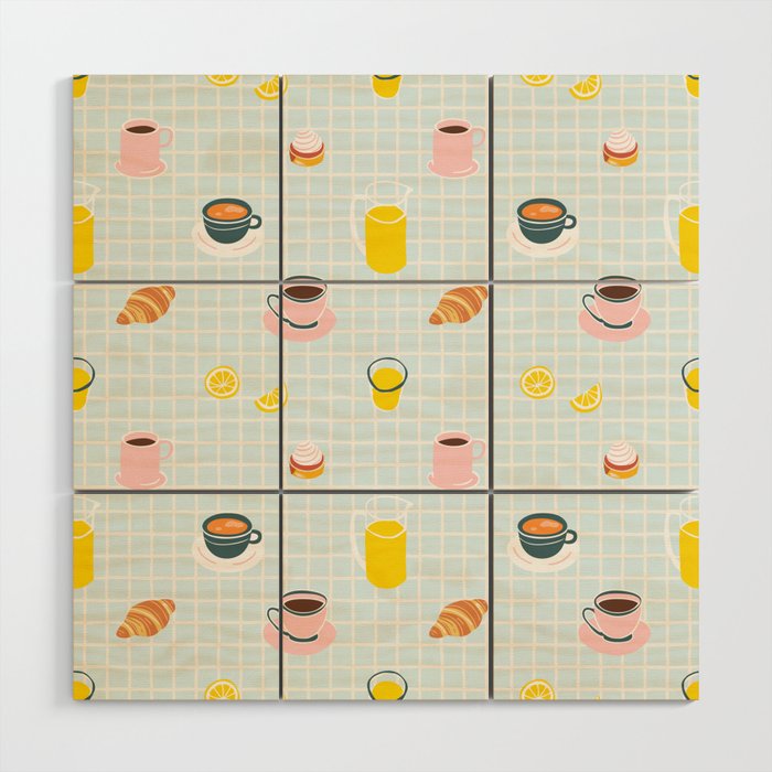 Retro breakfast coffee food pattern Wood Wall Art Gallery Image 1