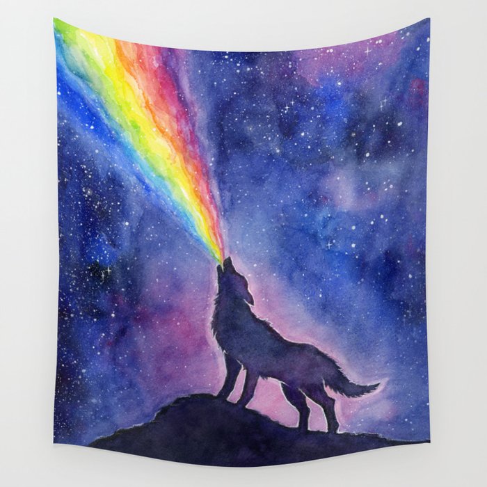 Galaxy Wolf Howling Rainbow Wall Tapestry Gallery Image 4