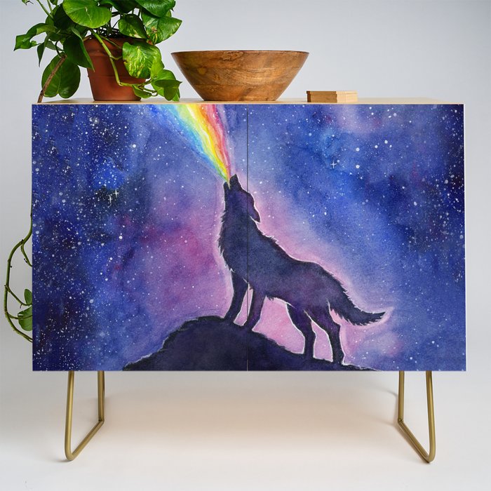 Galaxy Wolf Howling Rainbow Credenza Gallery Image 1