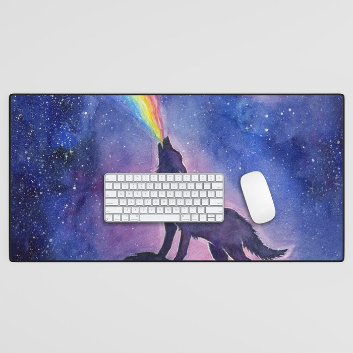 Galaxy Wolf Howling Rainbow Desk Mat Gallery Image 1