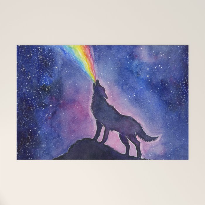 Galaxy Wolf Howling Rainbow Welcome Mat Gallery Image 1