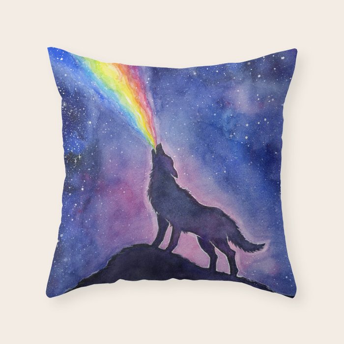 Galaxy Wolf Howling Rainbow Throw Pillow Gallery Image 6
