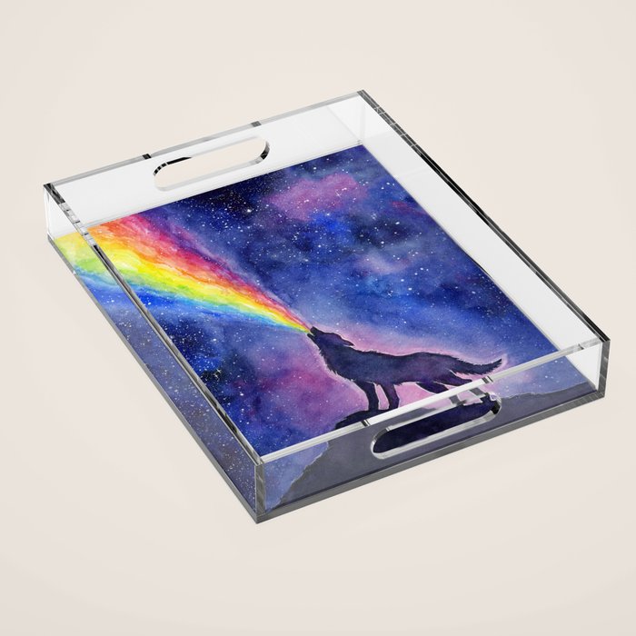 Galaxy Wolf Howling Rainbow Acrylic Tray Gallery Image 1