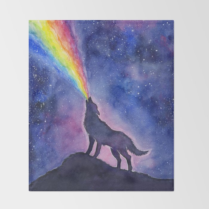 Galaxy Wolf Howling Rainbow Throw Blanket Gallery Image 2
