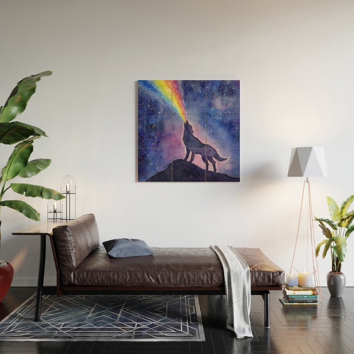 Galaxy Wolf Howling Rainbow Wood Wall Art Gallery Image 2