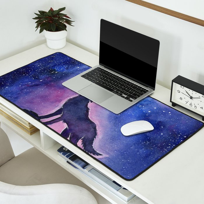 Galaxy Wolf Howling Rainbow Desk Mat Gallery Image 2