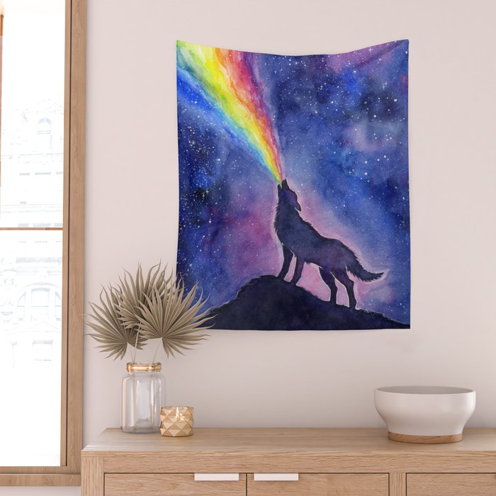 Galaxy Wolf Howling Rainbow Wall Tapestry Gallery Image 2