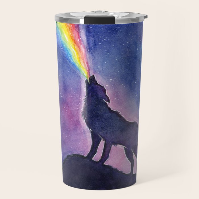 Galaxy Wolf Howling Rainbow Travel Mug Gallery Image 1