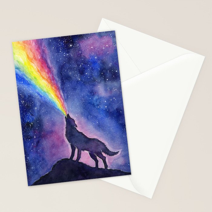 Galaxy Wolf Howling Rainbow Stationery Card Gallery Image 2