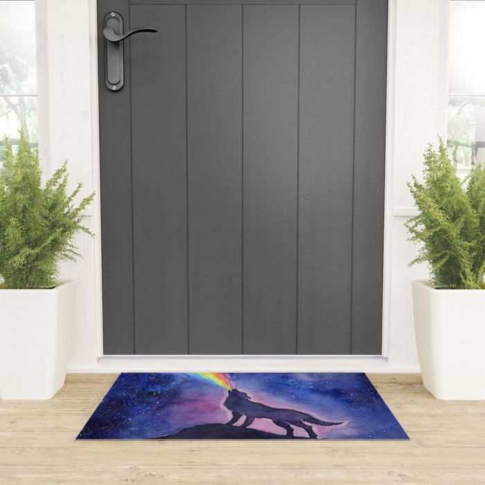Galaxy Wolf Howling Rainbow Welcome Mat Gallery Image 3