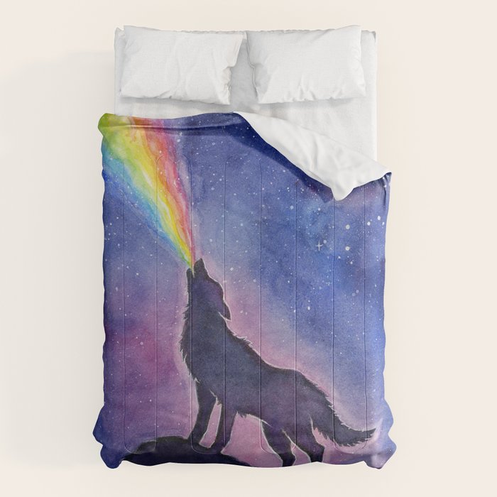 Galaxy Wolf Howling Rainbow Comforter Gallery Image 1