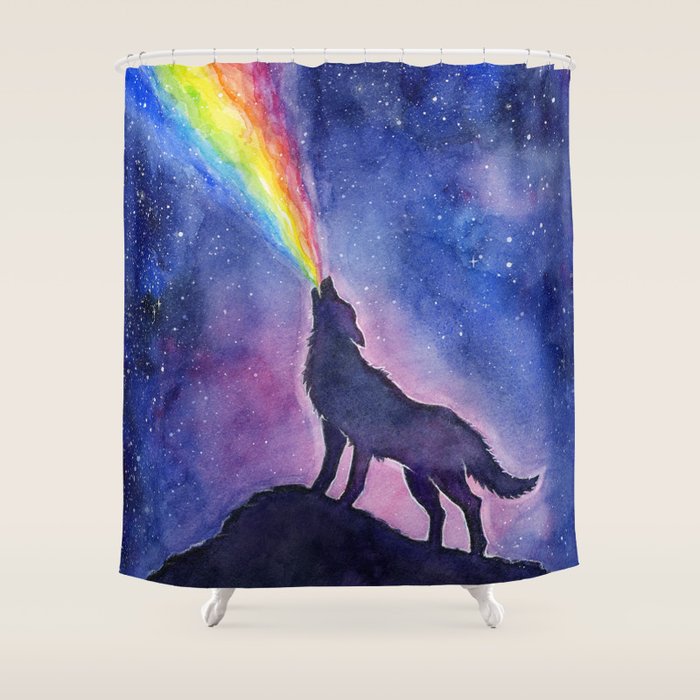 Galaxy Wolf Howling Rainbow Shower Curtain Gallery Image 1