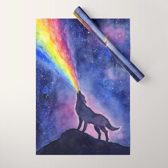 Galaxy Wolf Howling Rainbow Wrapping Paper Gallery Image 1