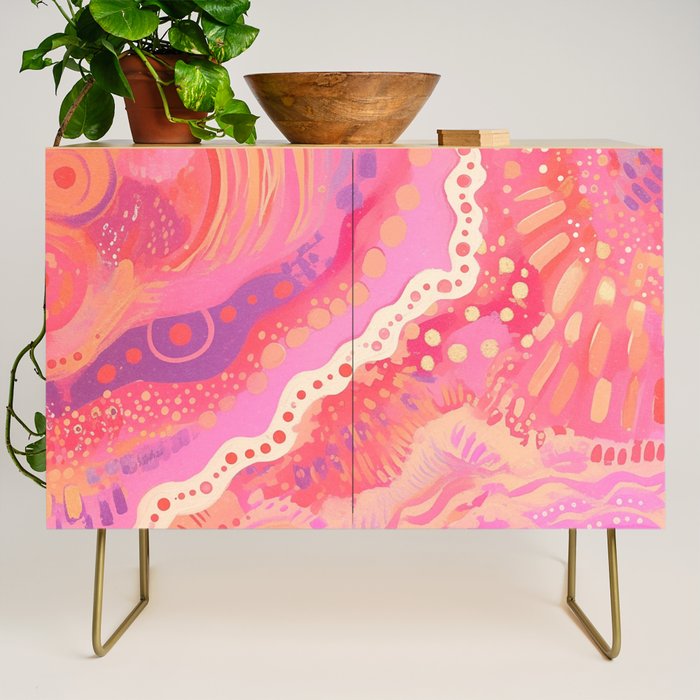 Vibrant Abstract Coral Swirl Pattern with Pink and Peach Accents Credenza Gallery Image 1
