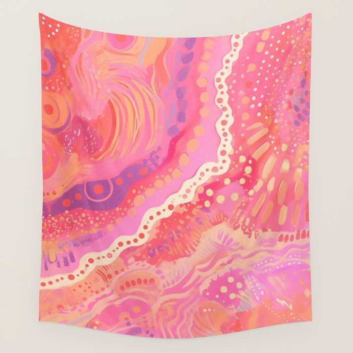 Vibrant Abstract Coral Swirl Pattern with Pink and Peach Accents Wall Tapestry Gallery Image 1