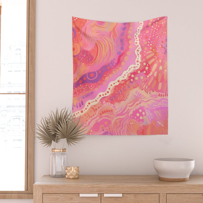 Vibrant Abstract Coral Swirl Pattern with Pink and Peach Accents Wall Tapestry Gallery Image 2