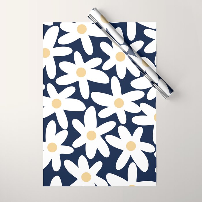 Daisy Time Floral Pattern Navy Blue White Yellow-Beige  Wrapping Paper Gallery Image 1