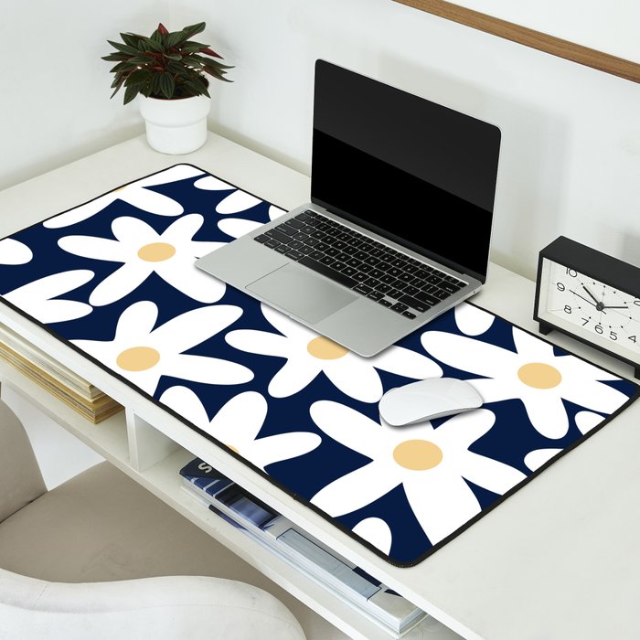Daisy Time Floral Pattern Navy Blue White Yellow-Beige  Desk Mat Gallery Image 2