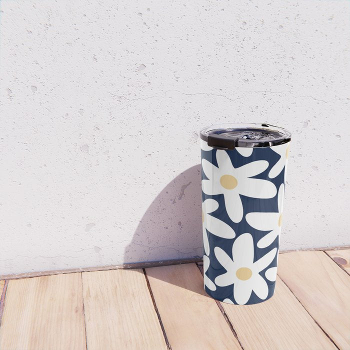 Daisy Time Floral Pattern Navy Blue White Yellow-Beige  Travel Mug Gallery Image 4