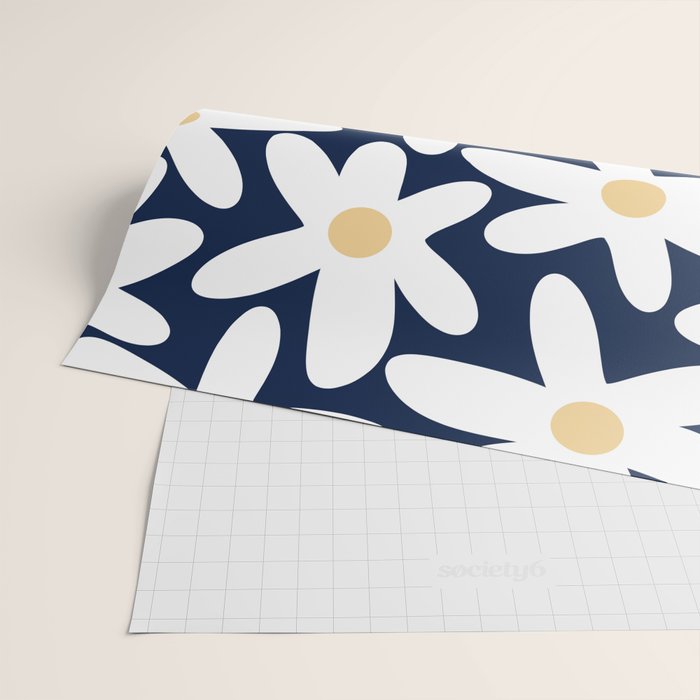 Daisy Time Floral Pattern Navy Blue White Yellow-Beige  Wrapping Paper Gallery Image 2