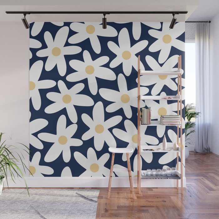Daisy Time Floral Pattern Navy Blue White Yellow-Beige  Wall Mural Gallery Image 1