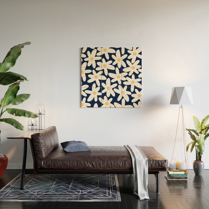 Daisy Time Floral Pattern Navy Blue White Yellow-Beige  Wood Wall Art Gallery Image 2