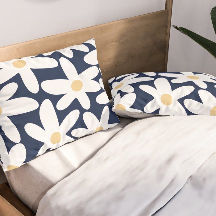 Daisy Time Floral Pattern Navy Blue White Yellow-Beige  Pillow Sham Gallery Image 2