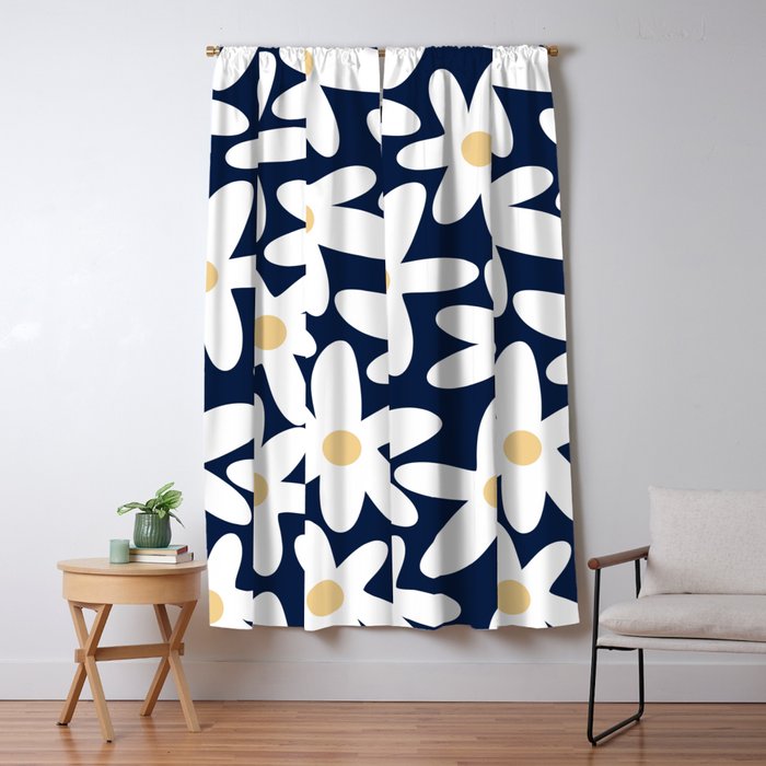 Daisy Time Floral Pattern Navy Blue White Yellow-Beige  Window Curtain Gallery Image 1