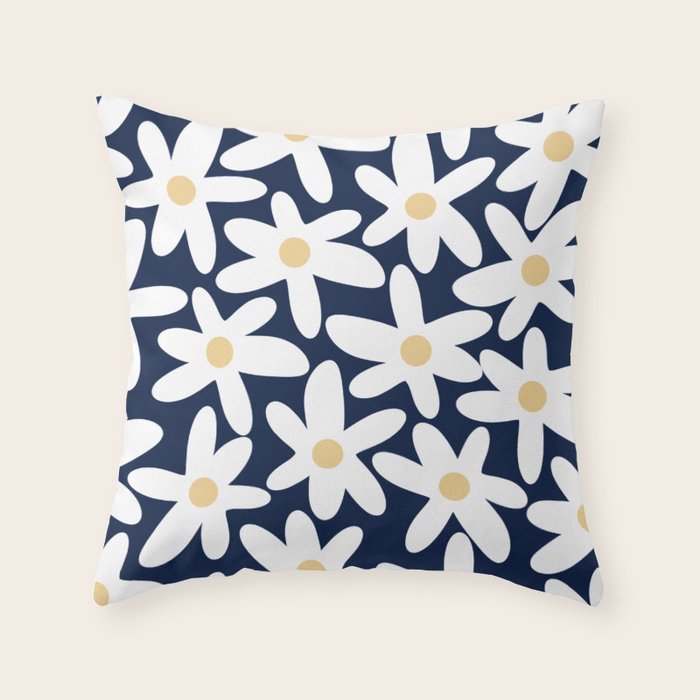 Daisy Time Floral Pattern Navy Blue White Yellow-Beige  Throw Pillow Gallery Image 6