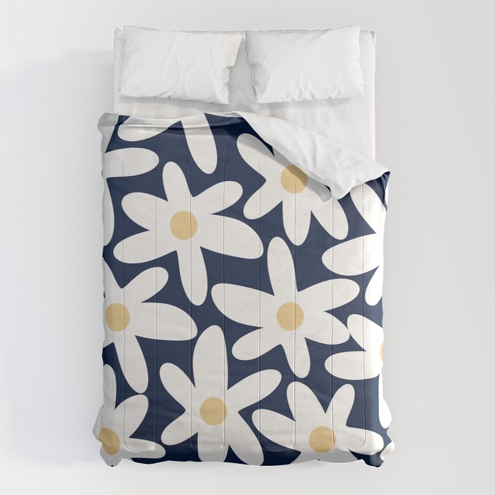 Daisy Time Floral Pattern Navy Blue White Yellow-Beige  Comforter Gallery Image 6