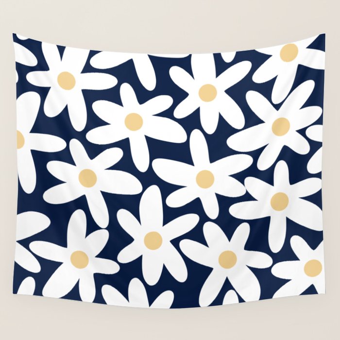 Daisy Time Floral Pattern Navy Blue White Yellow-Beige  Wall Tapestry Gallery Image 1
