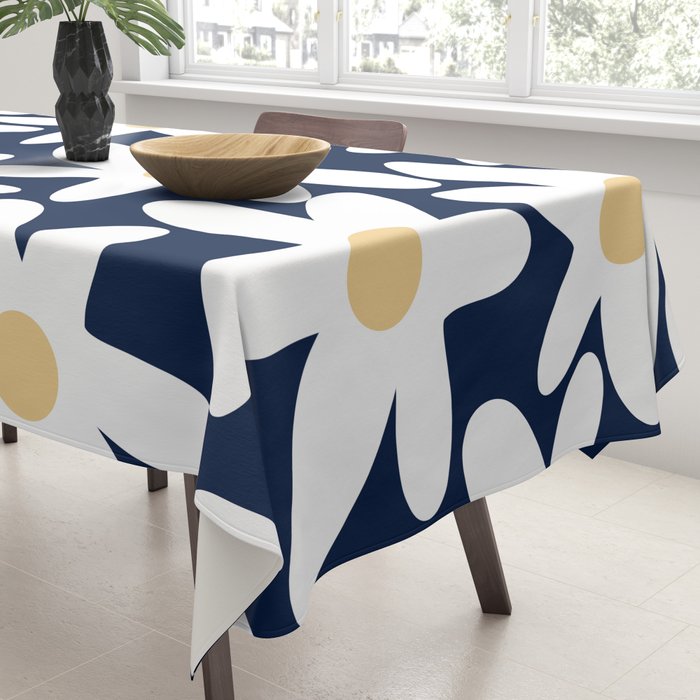Daisy Time Floral Pattern Navy Blue White Yellow-Beige  Tablecloth Gallery Image 3