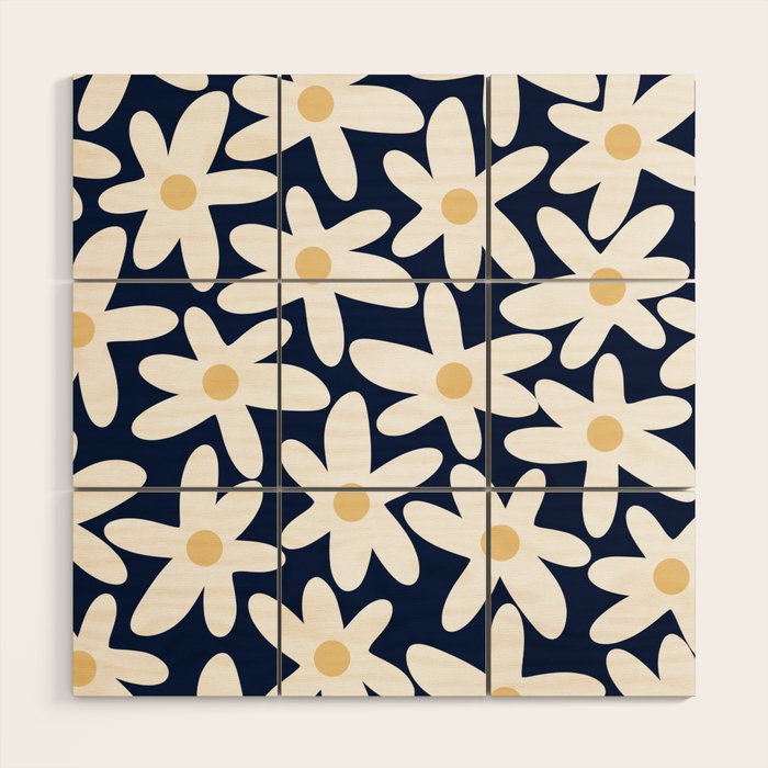 Daisy Time Floral Pattern Navy Blue White Yellow-Beige  Wood Wall Art Gallery Image 1
