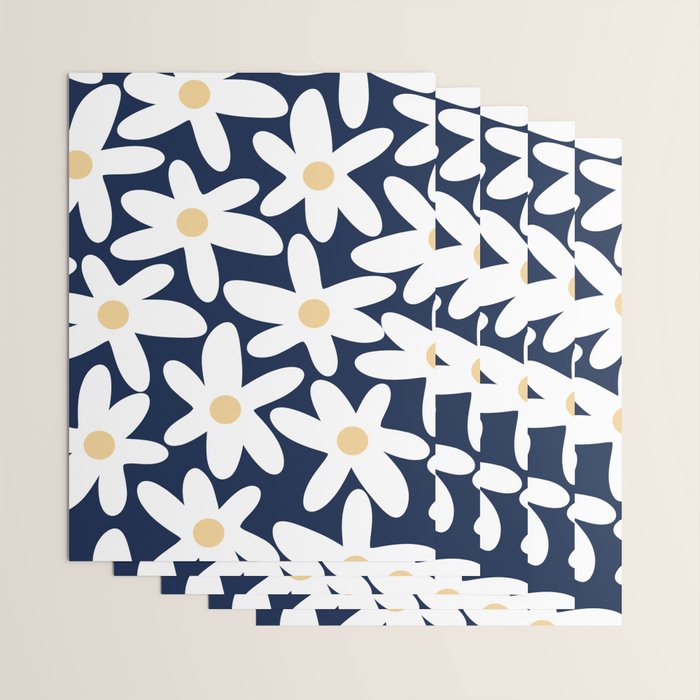 Daisy Time Floral Pattern Navy Blue White Yellow-Beige  Wrapping Paper Gallery Image 3