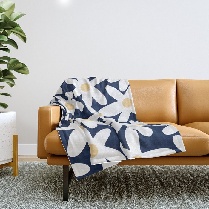 Daisy Time Floral Pattern Navy Blue White Yellow-Beige  Throw Blanket Gallery Image 1