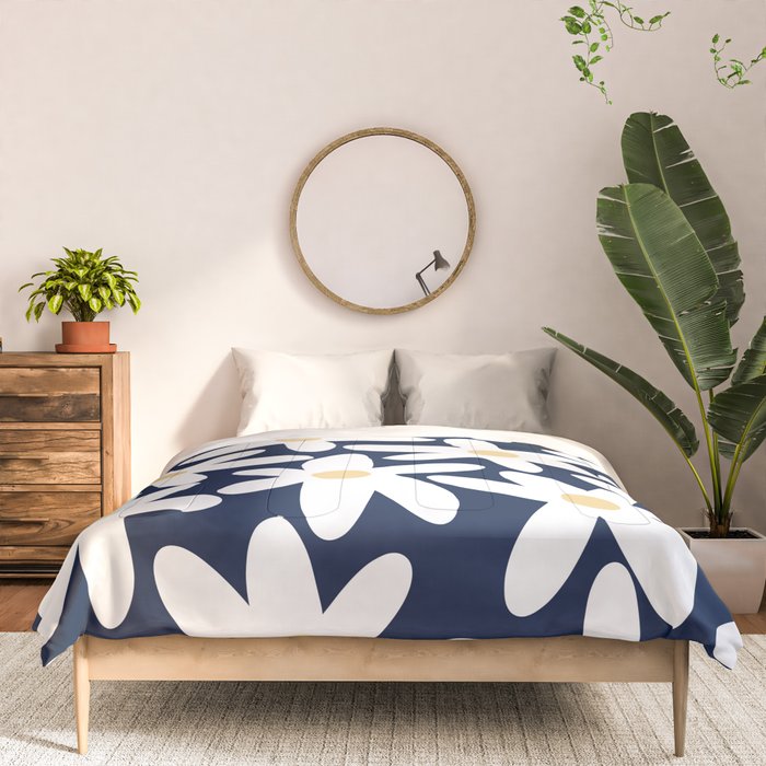 Daisy Time Floral Pattern Navy Blue White Yellow-Beige  Comforter Gallery Image 3