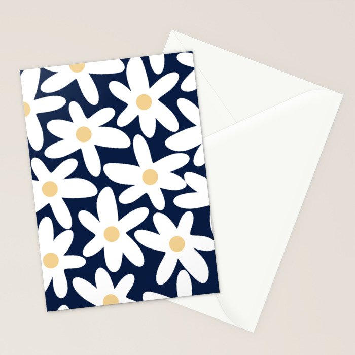Daisy Time Floral Pattern Navy Blue White Yellow-Beige  Stationery Card Gallery Image 2