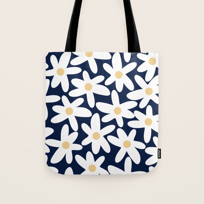 Daisy Time Floral Pattern Navy Blue White Yellow-Beige  Tote Bag Gallery Image 1