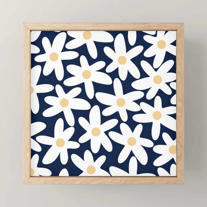 Daisy Time Floral Pattern Navy Blue White Yellow-Beige  Mini Art Print Gallery Image 1