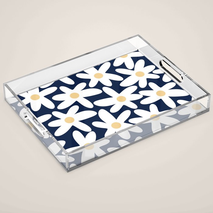 Daisy Time Floral Pattern Navy Blue White Yellow-Beige  Acrylic Tray Gallery Image 1