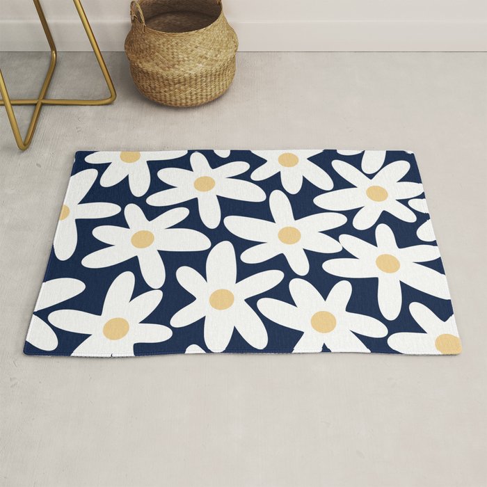 Daisy Time Floral Pattern Navy Blue White Yellow-Beige  Rug Gallery Image 1