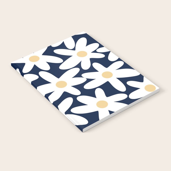 Daisy Time Floral Pattern Navy Blue White Yellow-Beige  Notebook