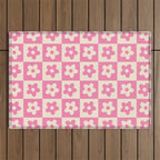 90s checkers flowers cream and pink Outdoor Rug Gallery Image 1