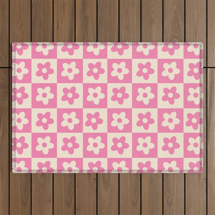 90s checkers flowers cream and pink Outdoor Rug Gallery Image 1