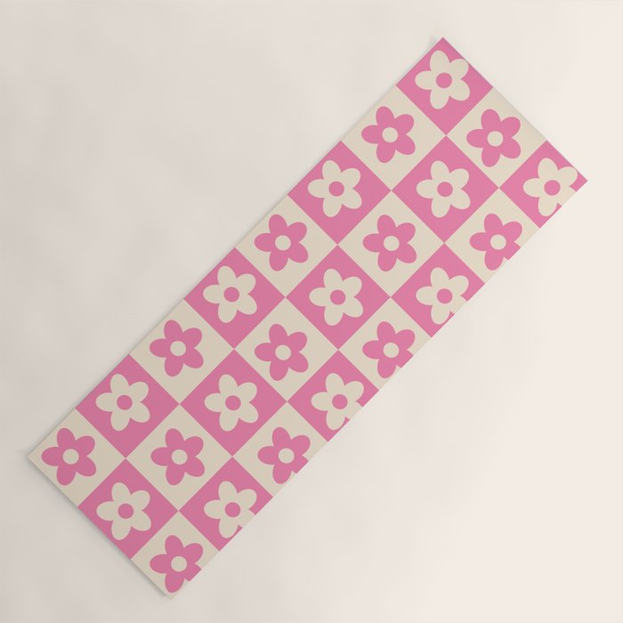 90s checkers flowers cream and pink Yoga Mat Gallery Image 1