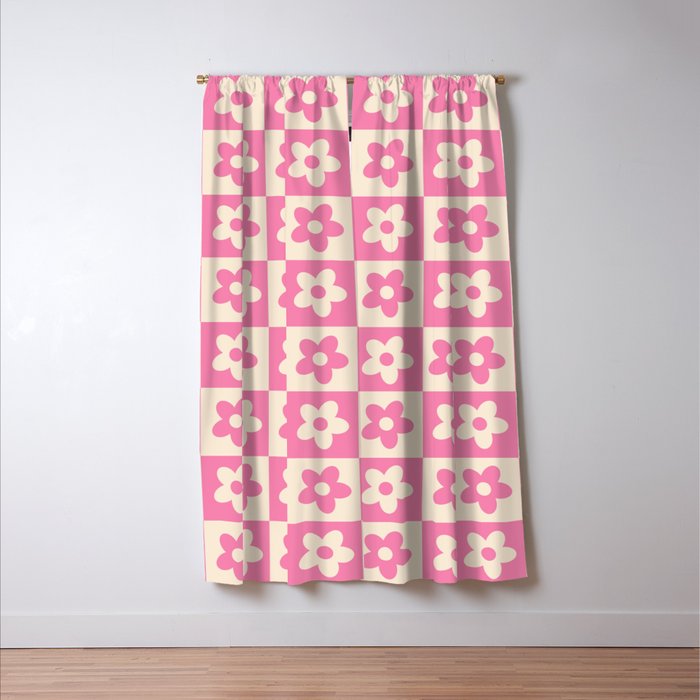 90s checkers flowers cream and pink Window Curtain Gallery Image 3