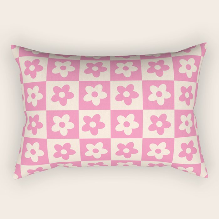 90s checkers flowers cream and pink Rectangular Pillow Gallery Image 2